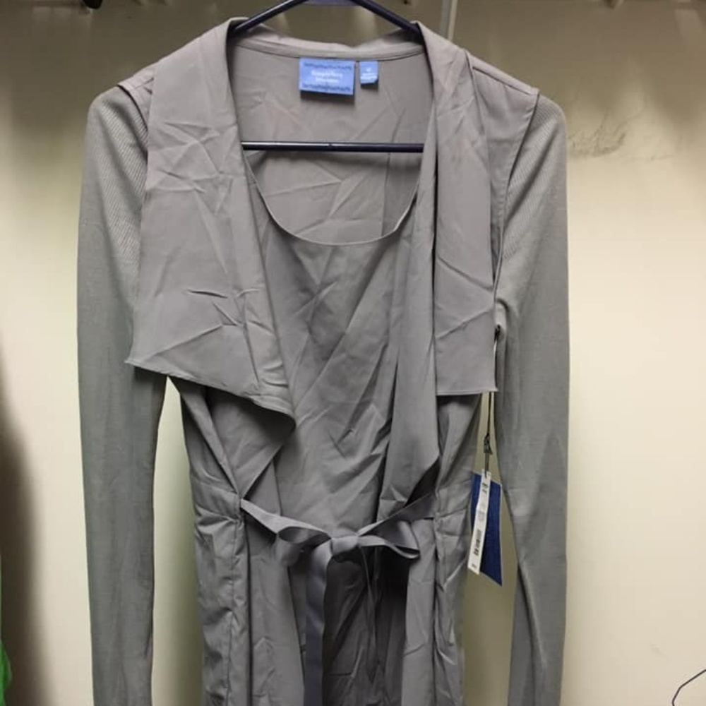 Long Sleeve Gray Blouse with Tie Front